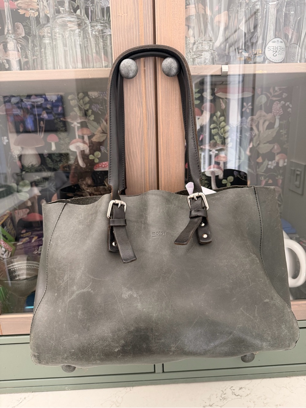 Olive Green Leather Tote with Dark Brown Handles